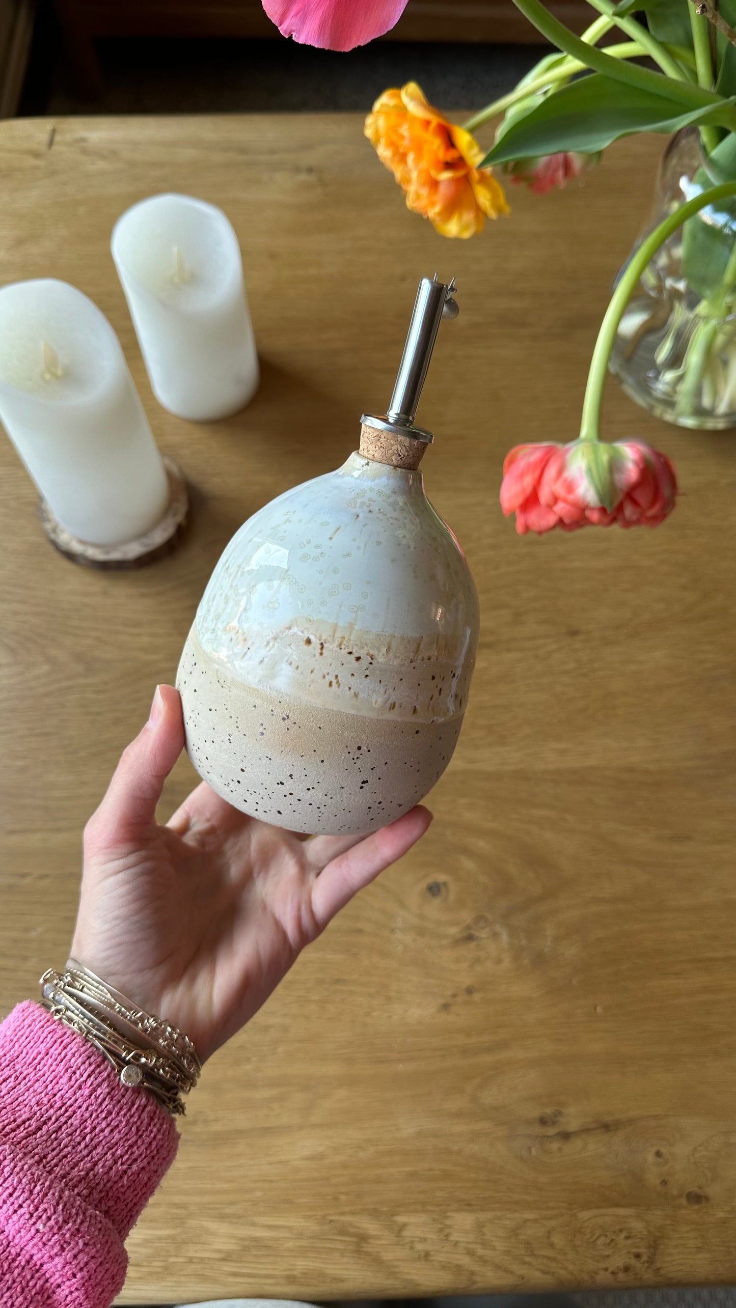 Bouteille d'huile d'olive nacre ronde